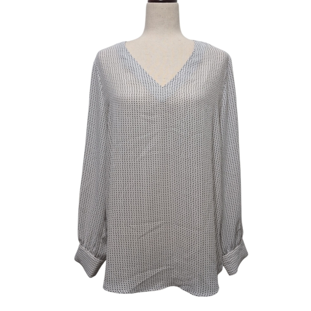 Adrianna Papell Semi-Sheer V-Neck Black & White Polka Dot Blouse Long Sleeve